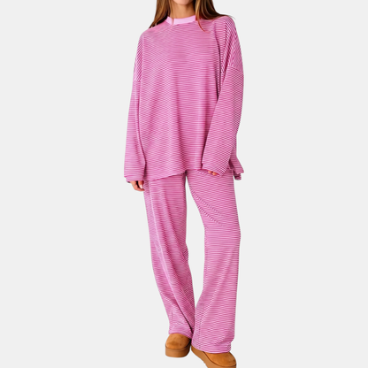 Women's Pyjamas Sets Oversized Wide Leg Striped Two Piece Set - Pink