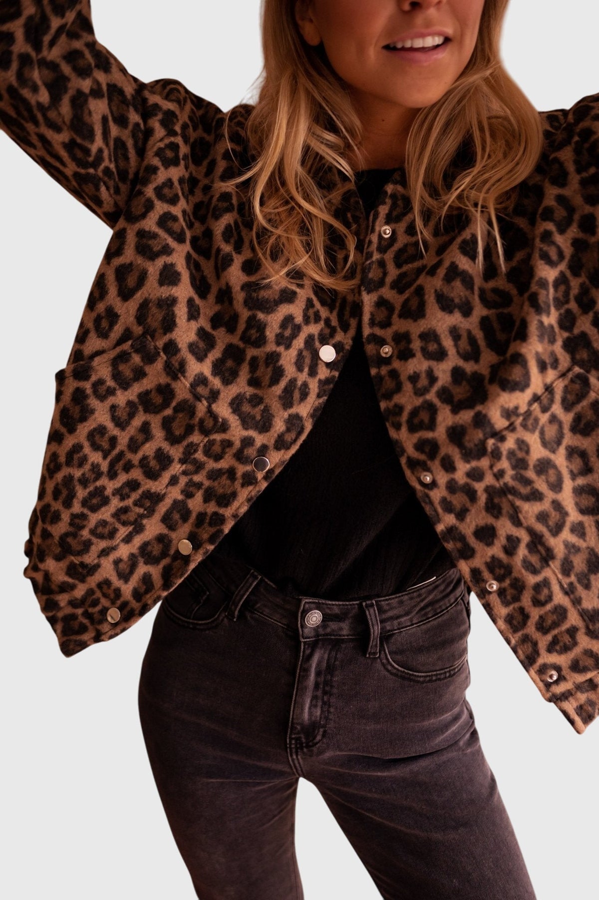 Women's Jacket with Leopard Print and Snap Buttons