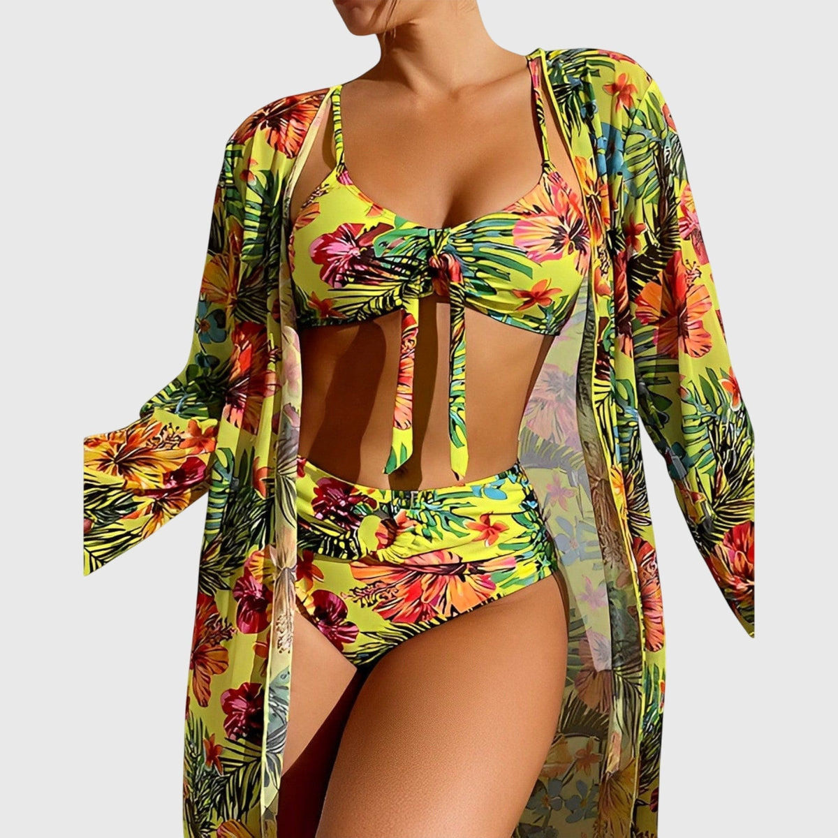 Women's Bikini Set with Tie-Front Top and Halter Neck - Yellow