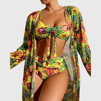 Women's Bikini Set with Tropical Print and Tie-Front Top - Yellow