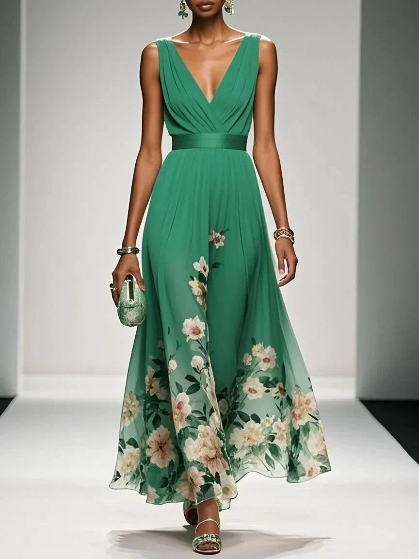 Women's Sleeveless Floral Print Dress with V-Neck and A-Line Silhouette - Green