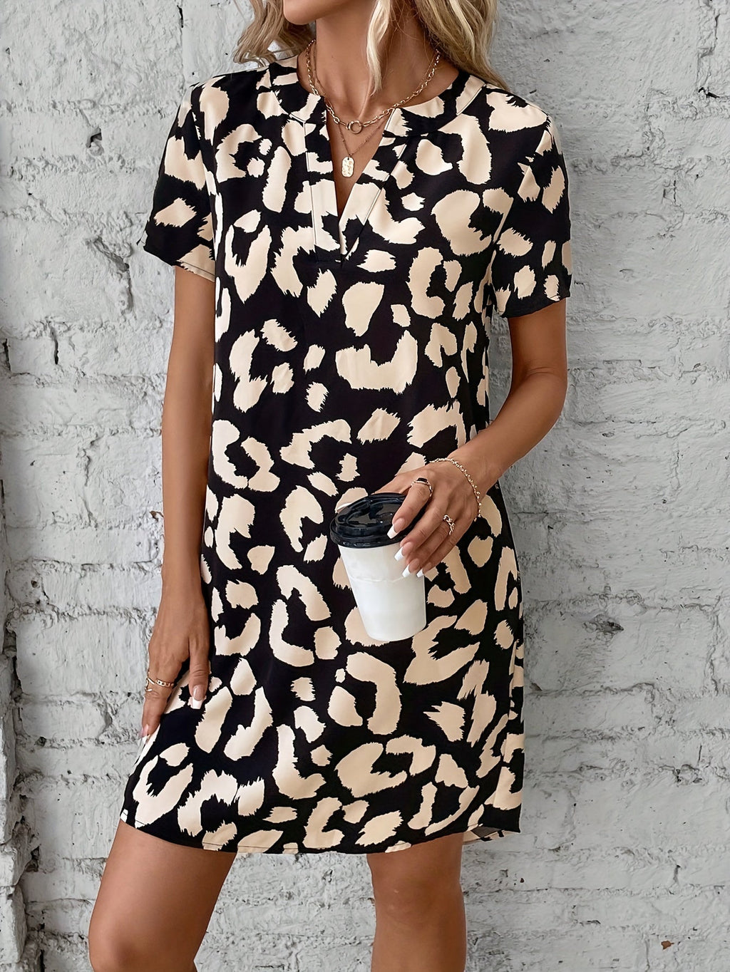 Women's Leopard Print Dress with Notch Neck and Short Sleeves - 11