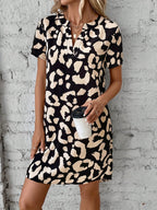 Women's Leopard Print Dress with Notch Neck and Short Sleeves - 11
