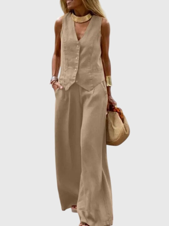 Women's Tailored Waistcoat and Wide-Leg Trousers Set - Khaki