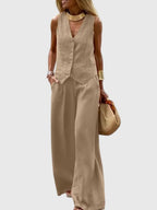 Women's Tailored Waistcoat and Wide-Leg Trousers Set - Khaki