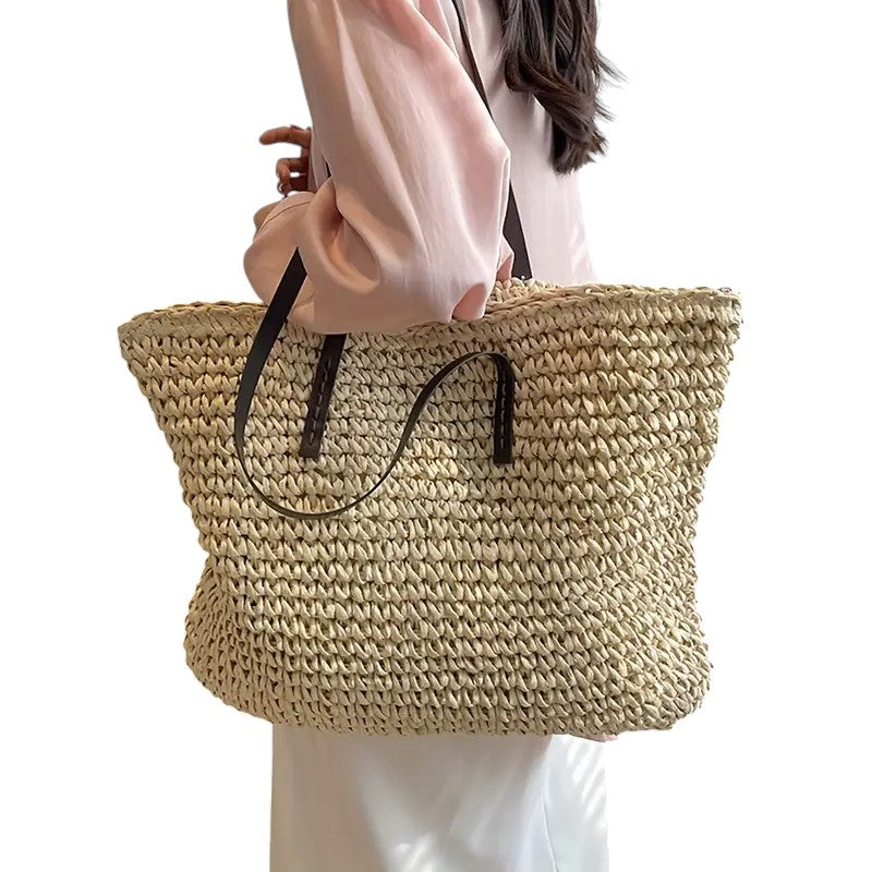 Women's Woven Tote Bag with Faux Leather Straps - 8