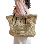 Women's Woven Tote Bag with Faux Leather Straps - 8