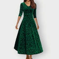 Women's Midi Dress with V-Neck and Flared Skirt - Green