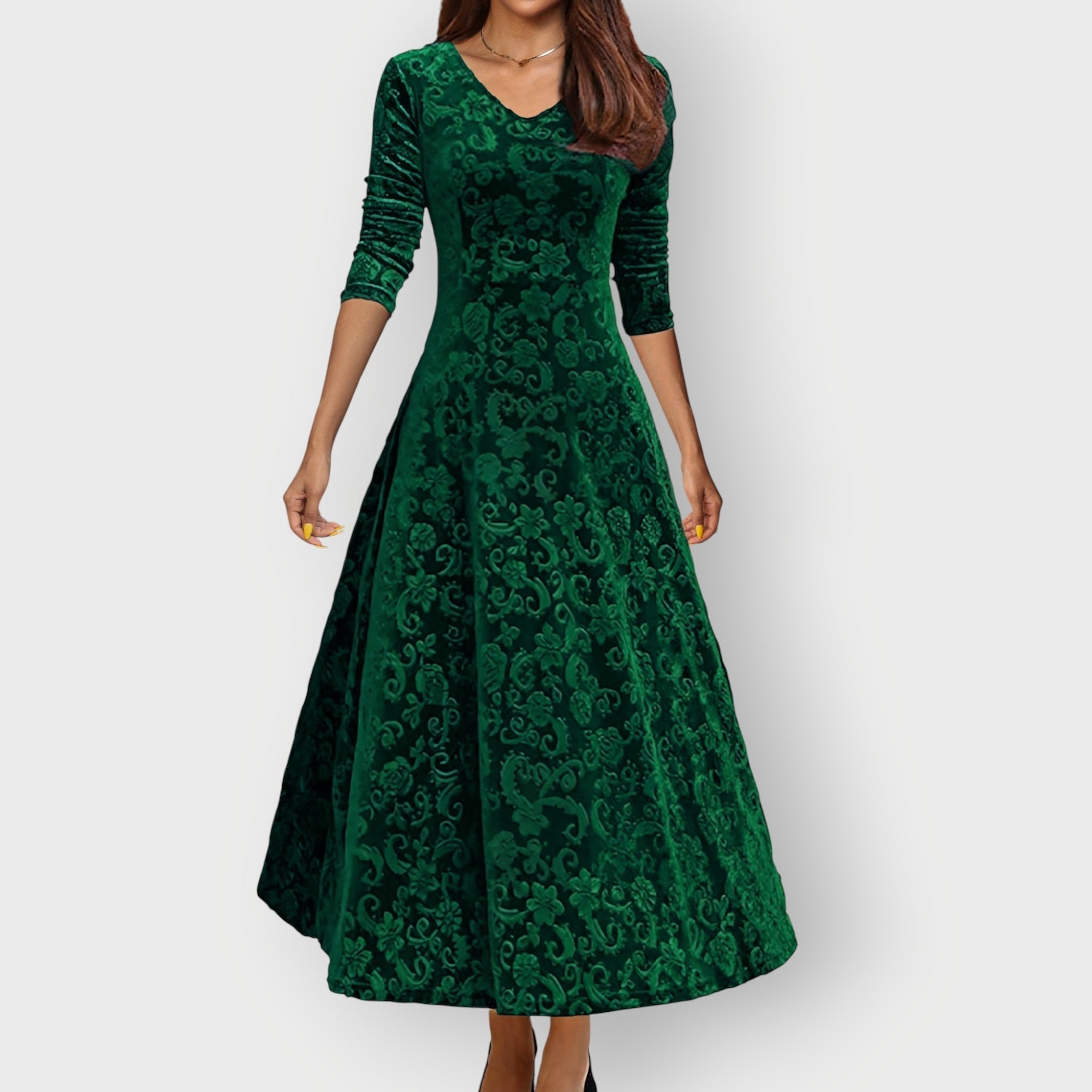 Women's Midi Dress with V-Neck and Flared Skirt - Green