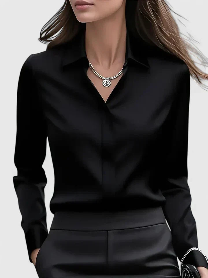Women's Long Sleeve Shirt with Collar and Curved Hem - Black
