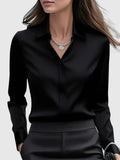 Women's Long Sleeve Shirt with Collar and Curved Hem - Black