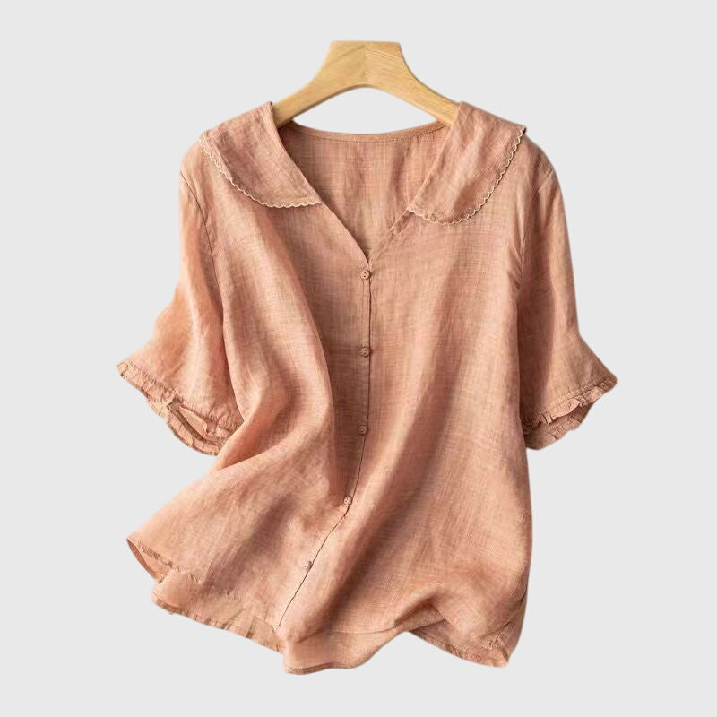 Women's Blouse with Peter Pan Collar and Short Sleeves - Salmon