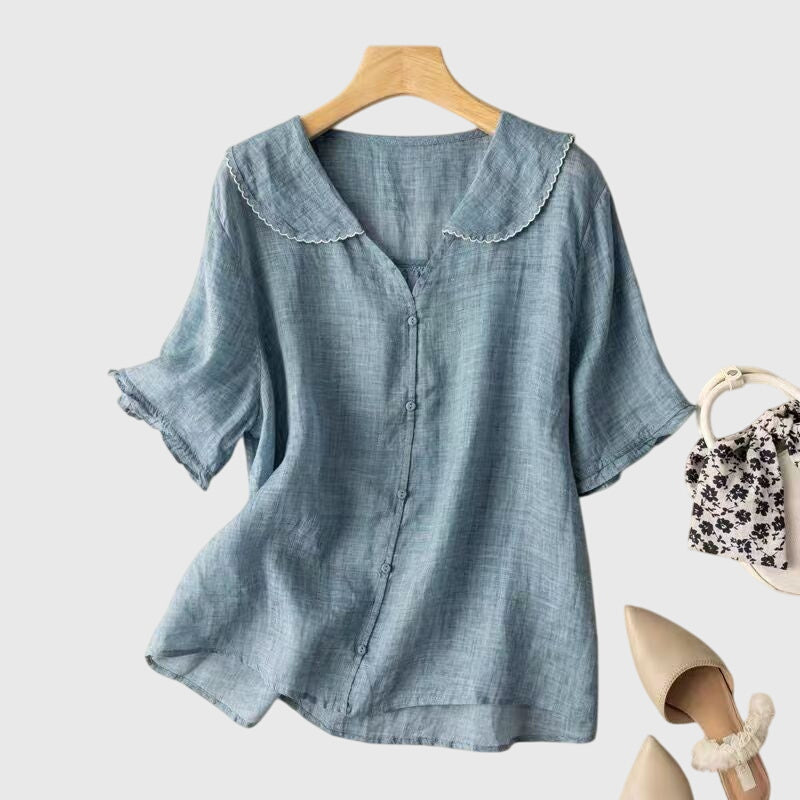 Women's Blouse with Peter Pan Collar and Short Sleeves - Blue