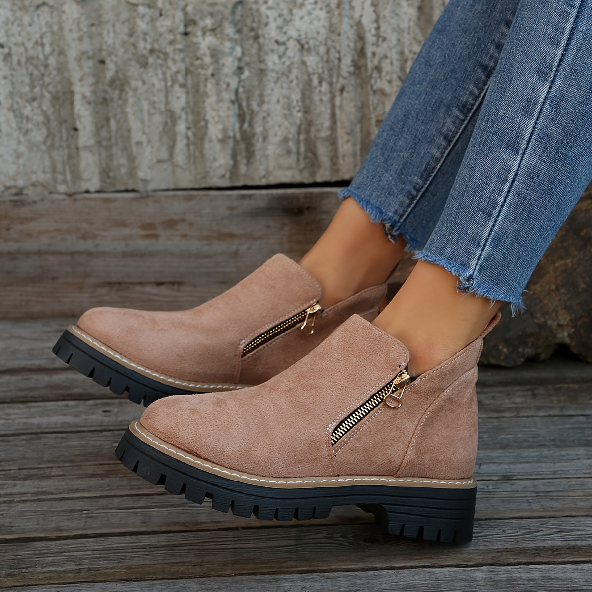 Women's Ankle Boots with Side Zip and Chunky Sole - 16