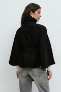 Women's Cape Coat with High Collar and Bow Belt - Black