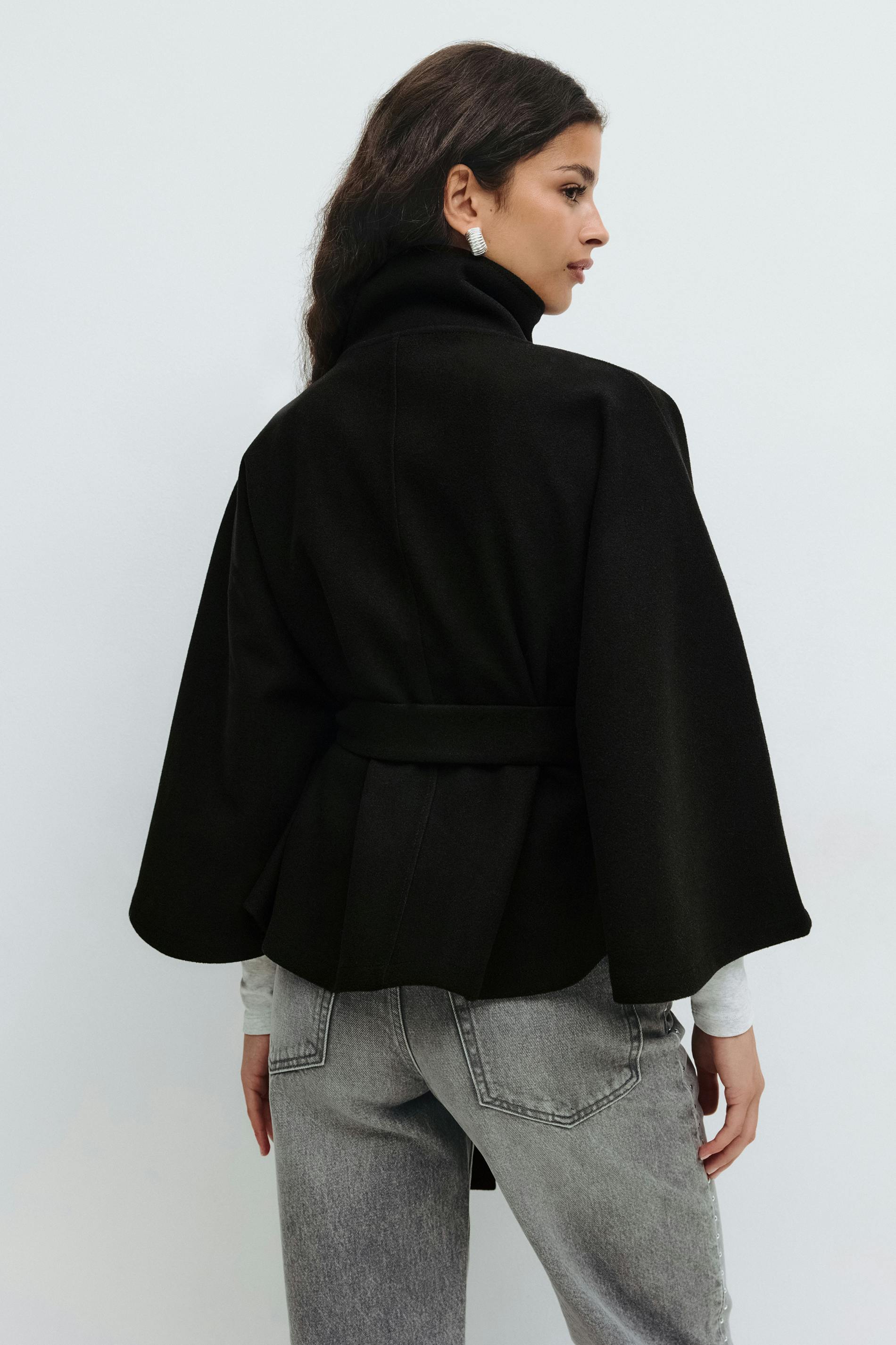 Women's Cape Coat with High Collar and Bow Belt - Black