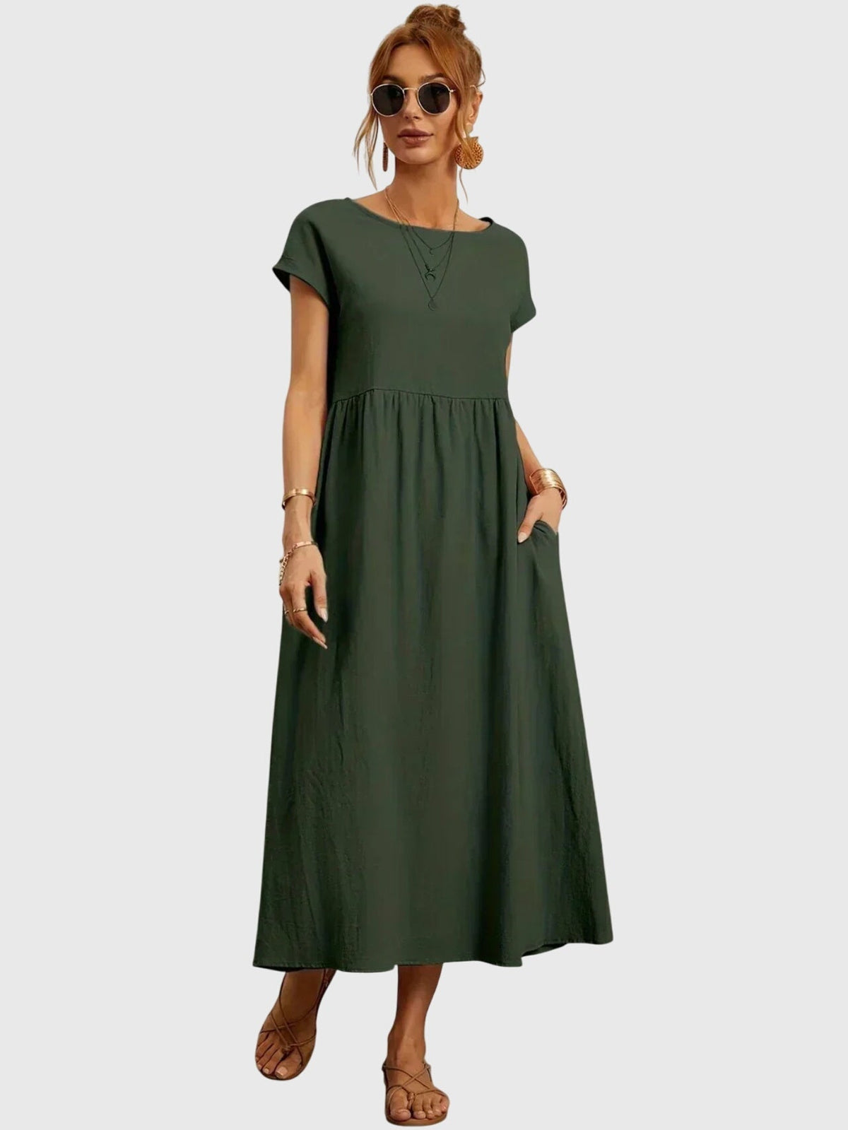 Women's Casual Pocket Dress with Round Neck and Short Sleeves - Green