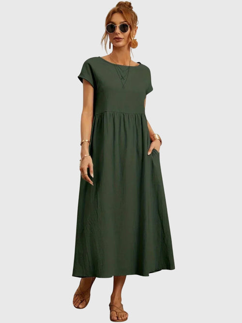 Women's Casual Pocket Dress with Round Neck and Short Sleeves - Green