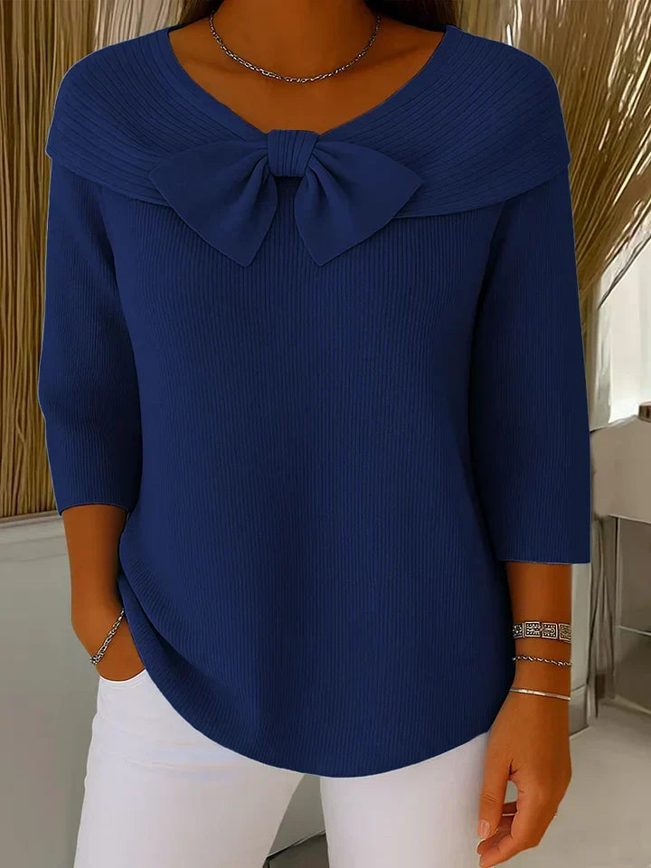 Women's Jumper Off-Shoulder Bow Detail with Three-Quarter Sleeves - Dark Blue