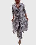 Women's Two-Piece Set Printed Longline Shirt with Wide-Leg Trousers - White