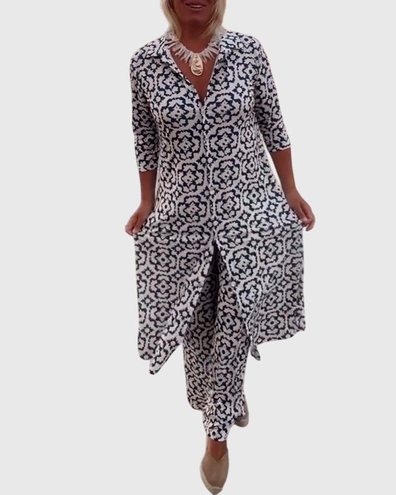 Women's Two-Piece Set Printed Longline Shirt with Wide-Leg Trousers - White