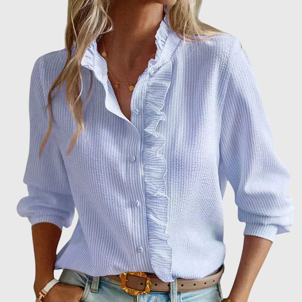 Women's Long Sleeve Blouse with Ruffle Trim and Button Front - Blue