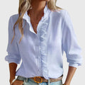 Women's Long Sleeve Blouse with Ruffle Trim and Button Front - Blue
