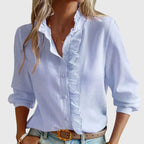 Women's Long Sleeve Blouse with Ruffle Trim and Button Front - Blue