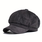 Women's Newsboy Cap with Ribbed Texture and Rounded Panels - Grey