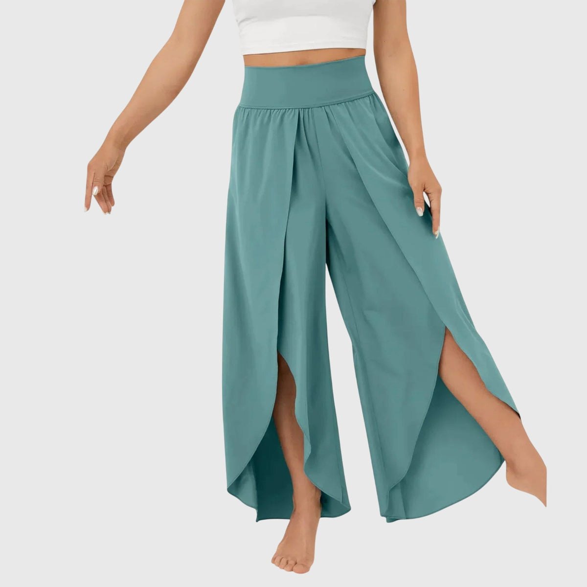 Women's Flared Trousers with Integrated Shorts and Split Hem - 2