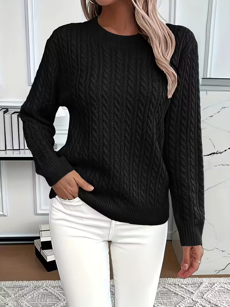 Women's Jumper Cable-Knit Long Sleeve Round Neck - Black