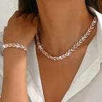 Women's Diamante Necklace and Bracelet Set with Leaf Link Design - Rose Gold
