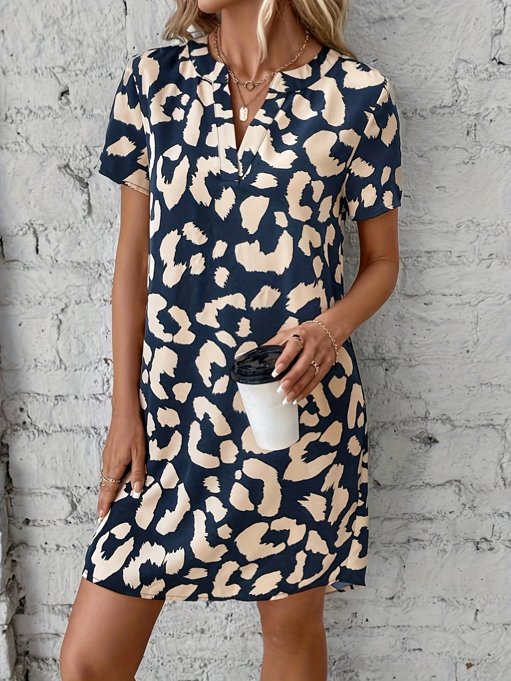 Women's Leopard Print Dress with Notch Neck and Short Sleeves - 12