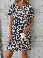 Women's Leopard Print Dress with Notch Neck and Short Sleeves - 12