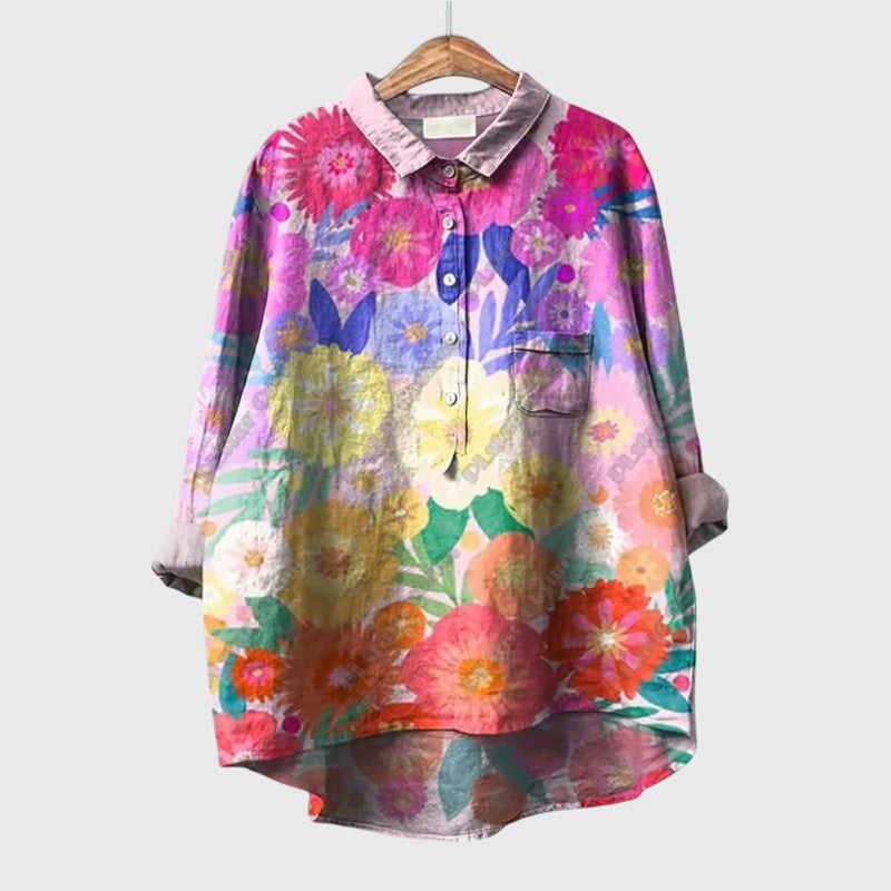 Women's Blouse Long Sleeve with Floral Print and Collar - Floral Print