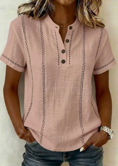 Women's Short Sleeve Blouse with Mandarin Collar and V-Neck Button Front - Pink