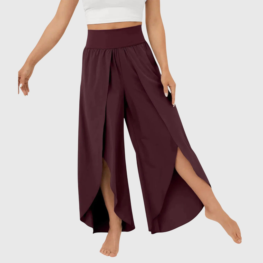 Women's Flared Trousers with Integrated Shorts and Split Hem - Brown