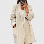 Women's Cardigan with Ribbed Knit and Open Front - Beige