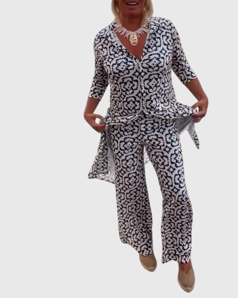 Women's Two-Piece Set Printed Longline Shirt with Wide-Leg Trousers - 4
