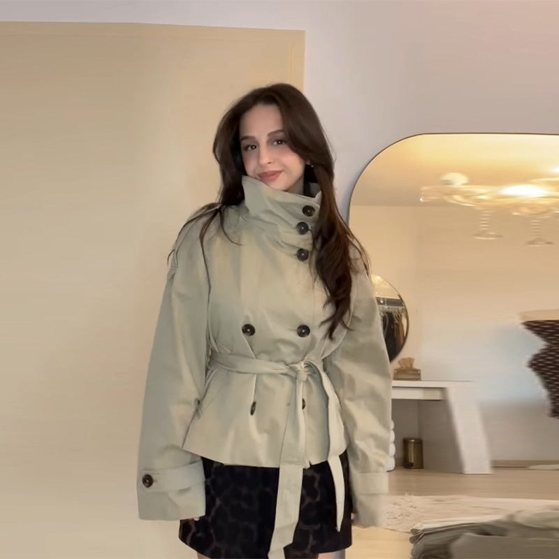 Women's Tailored Trench Coat with Statement Collar and Belt - Green