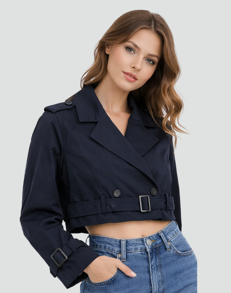 Women's Cropped Trench Coat with Belted Waist and Double-Breasted Front - Navy Blue