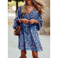 Women's Boho Dress with V-Neck and Long Balloon Sleeves - Blue