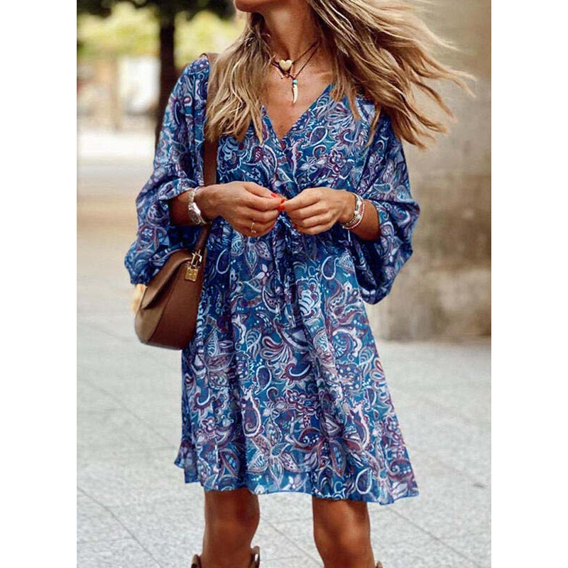 Women's Boho Dress with V-Neck and Long Balloon Sleeves - Blue