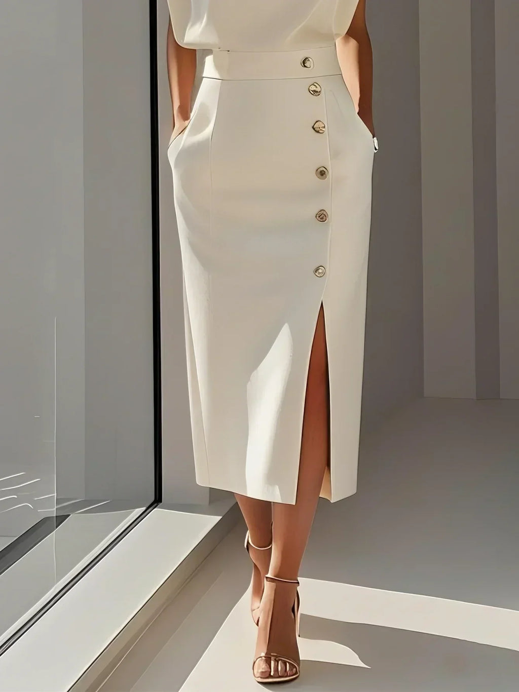 Women's Bodycon Midi Dress Sleeveless with Button Detail and Side Slit - 12