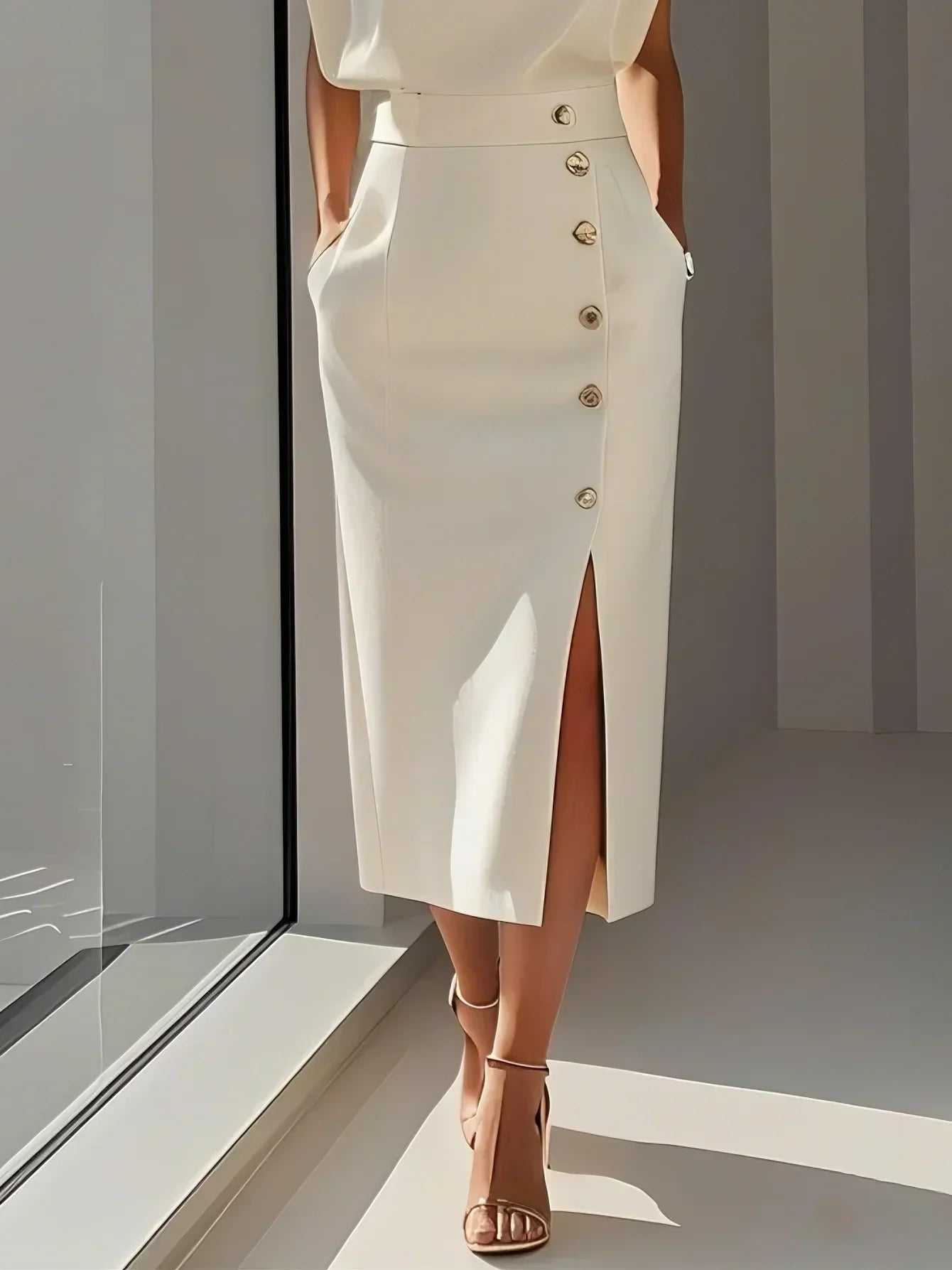 Women's Bodycon Midi Dress Sleeveless with Button Detail and Side Slit - 12
