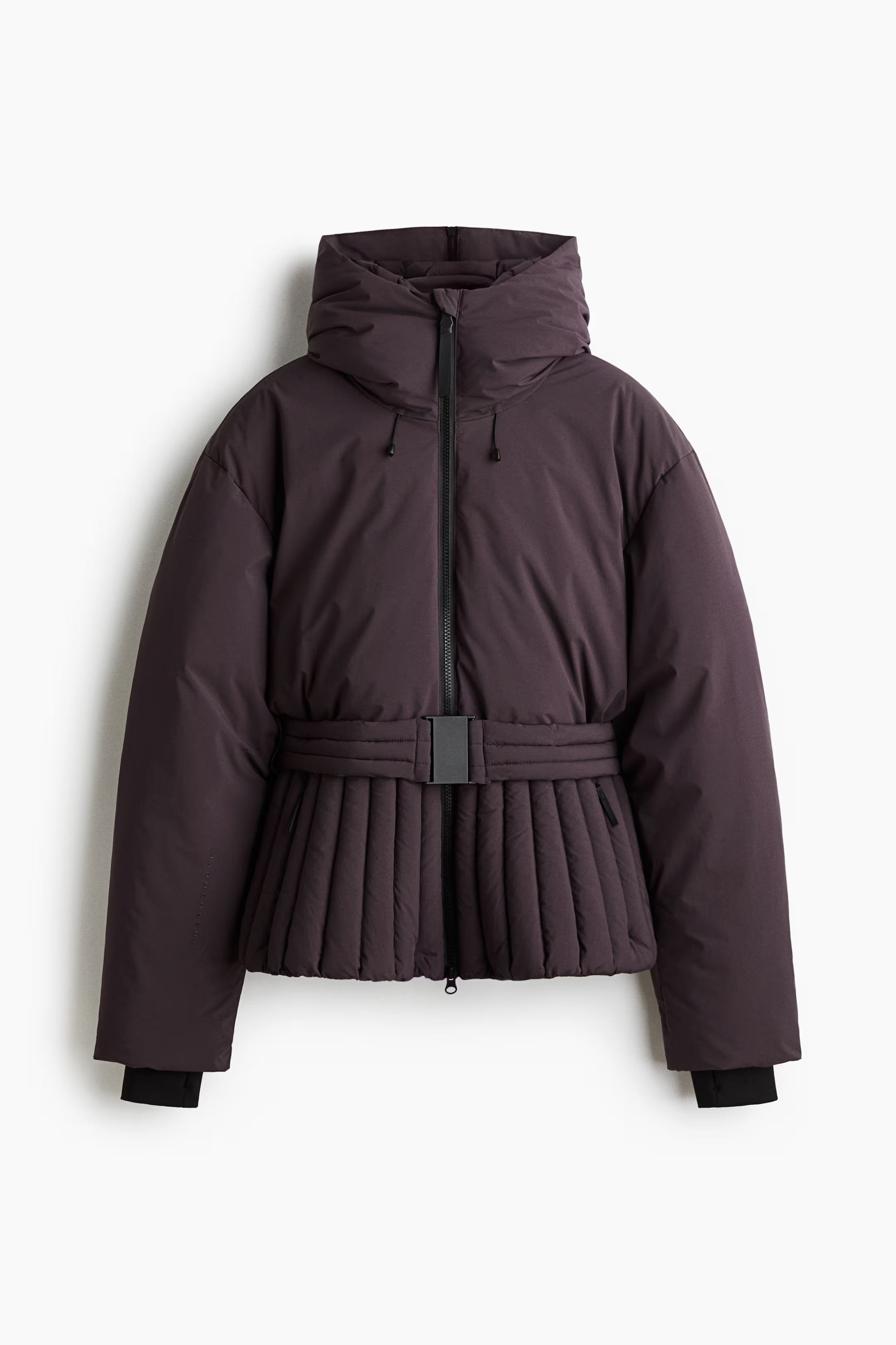 Women's Ski Jacket with Detachable Hood, Belted Fitted Waist - Aubergine