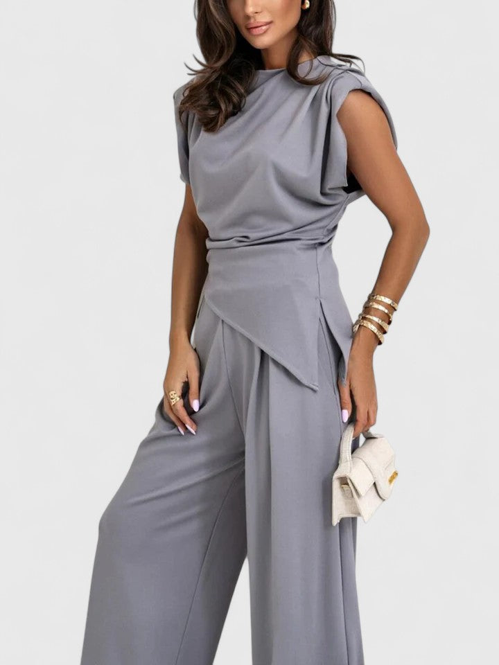 Women's Two-Piece Set Sleeveless Draped Top with Wide-Leg Trousers - 10