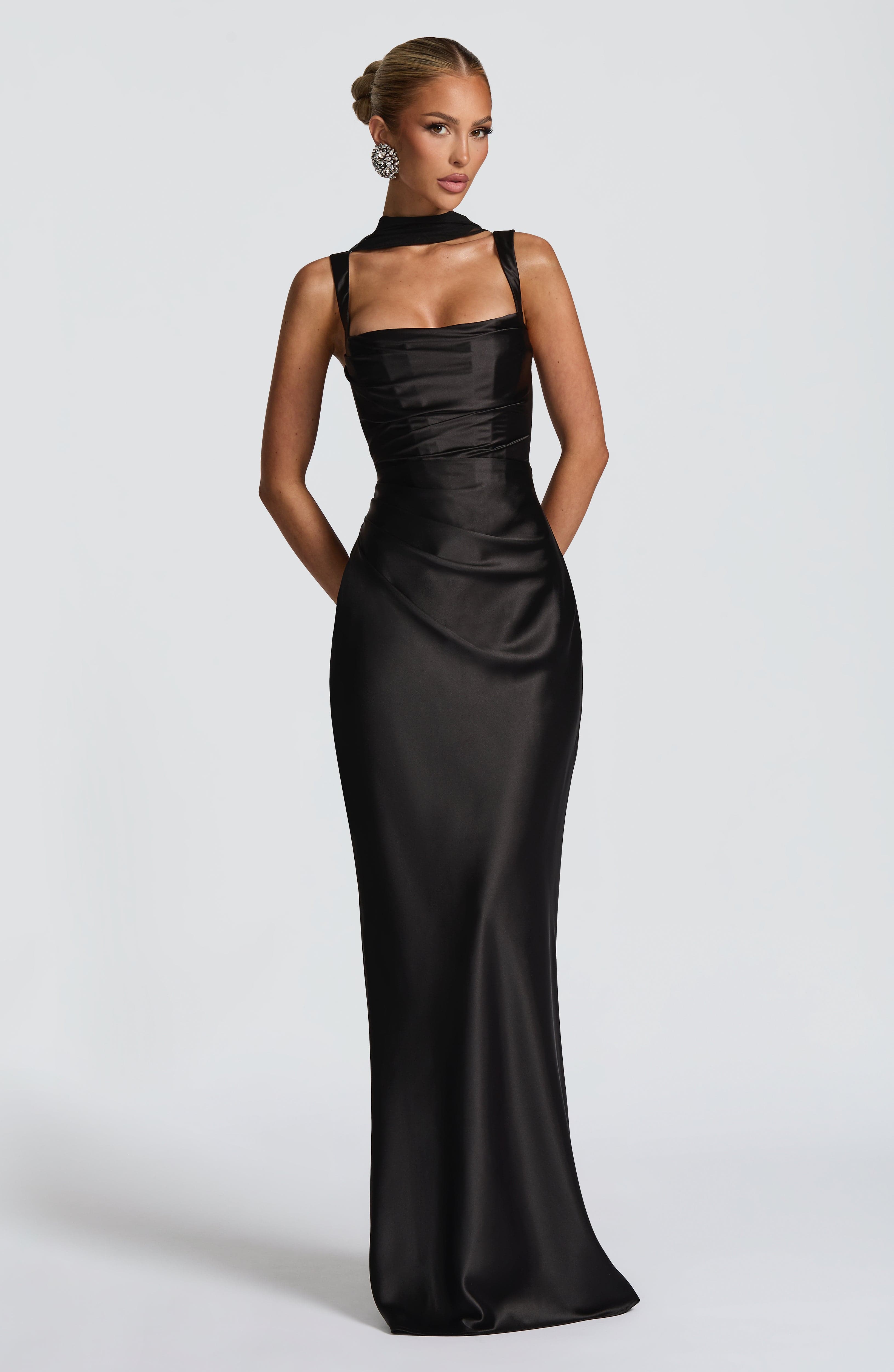 Women's Maxi Evening Gown with Draped Neckline and Fitted Silhouette - 3
