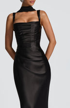 Women's Maxi Evening Gown with Draped Neckline and Fitted Silhouette - 5