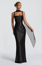 Women's Maxi Evening Gown with Draped Neckline and Fitted Silhouette - 2